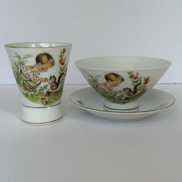 Vintage Seyei Nagoya Japan Fine China Children Set Cup Bowl Saucer Boy Squirrel - Picture 1 of 9